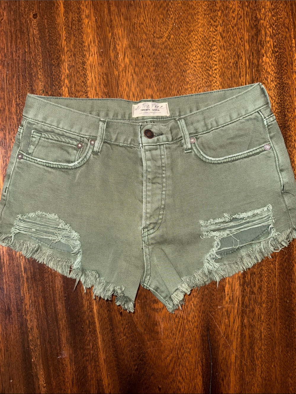 We The Free Olive Green Distressed Frayed Hem Jean Shorts